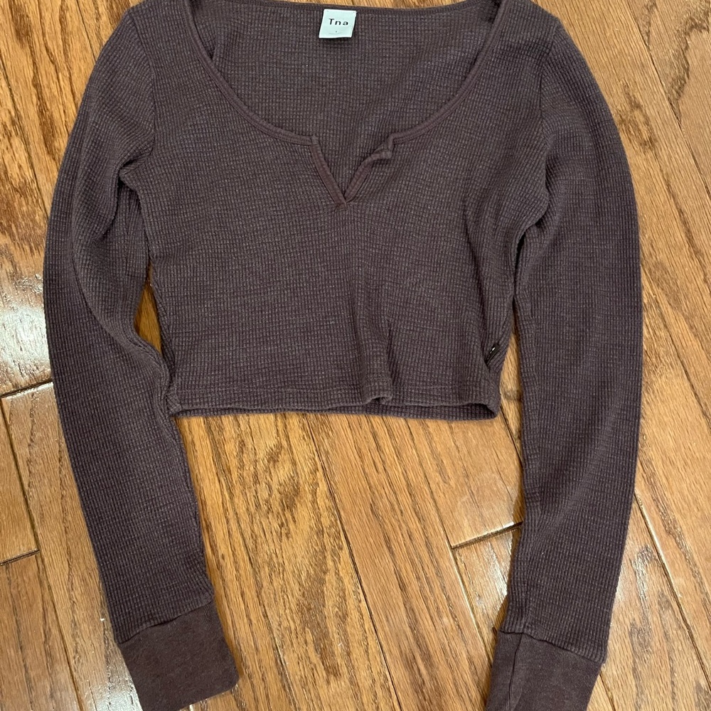 TNA Women's Brownish Burgundy Long Sleeve Crop Top